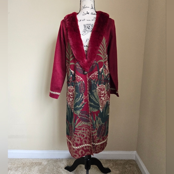 Badgley Mischka Wool Blend Duster Cardigan Womens M Leopard Print Faux Fur - Picture 1 of 11